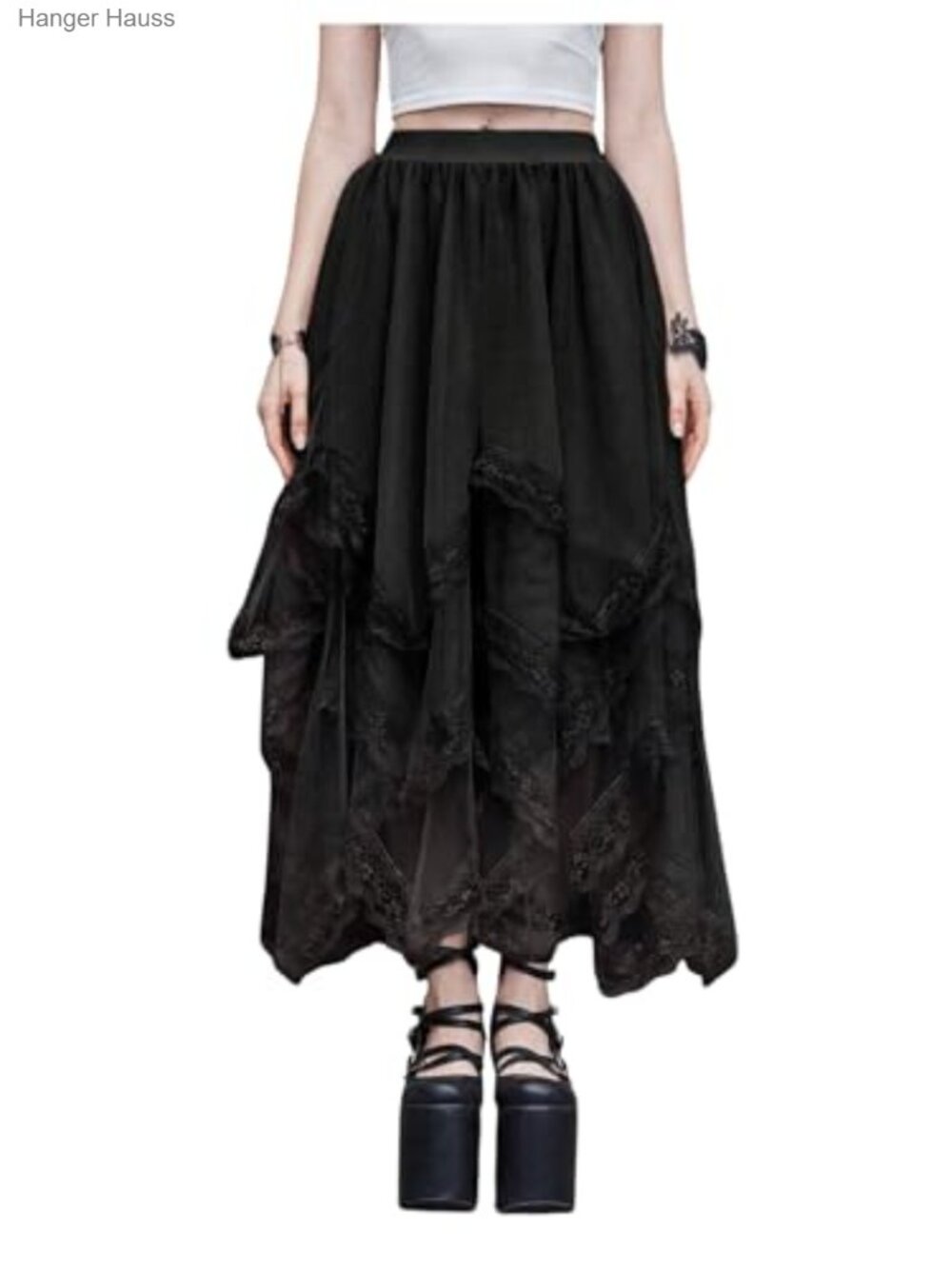 Lace Trim Mesh Tulle Skirt High Waist Asymmetrical Long Goth Skirt - Picture 5 of 6